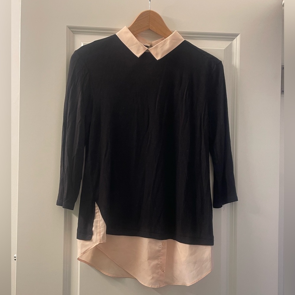 Suzy Shier Black Layered Top with Pale Pink Collar and Hem